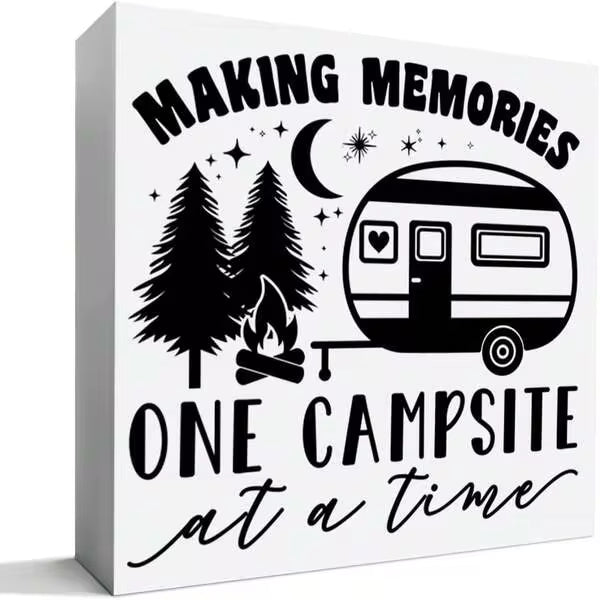 1pc 5*5inch(12.4*12.4cm) Camping Desk Decorations Wooden Sign, Camp Decor For Home Cabin RV Camper, Camper Gifts For Women Men Camp Lover, Making Memories One Campsite At A Time